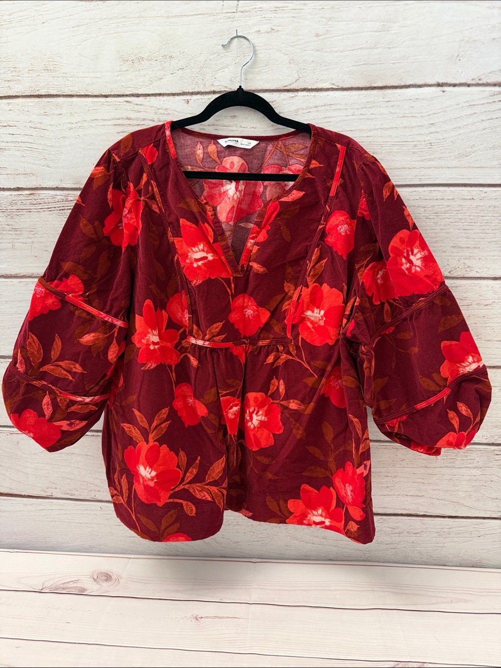 Sonoma Burgundy Red Floral V-Neck Peasant Blouse 2X
